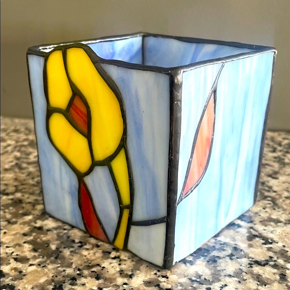 Stained Glass Candle Holder Desk Organizer with Yellow and Blue Design Handmade.